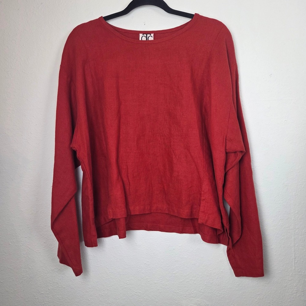 CTC Linens Seamed Crop Top Red 100% Linen Boxy Long Sleeve Women Large CTC 541L